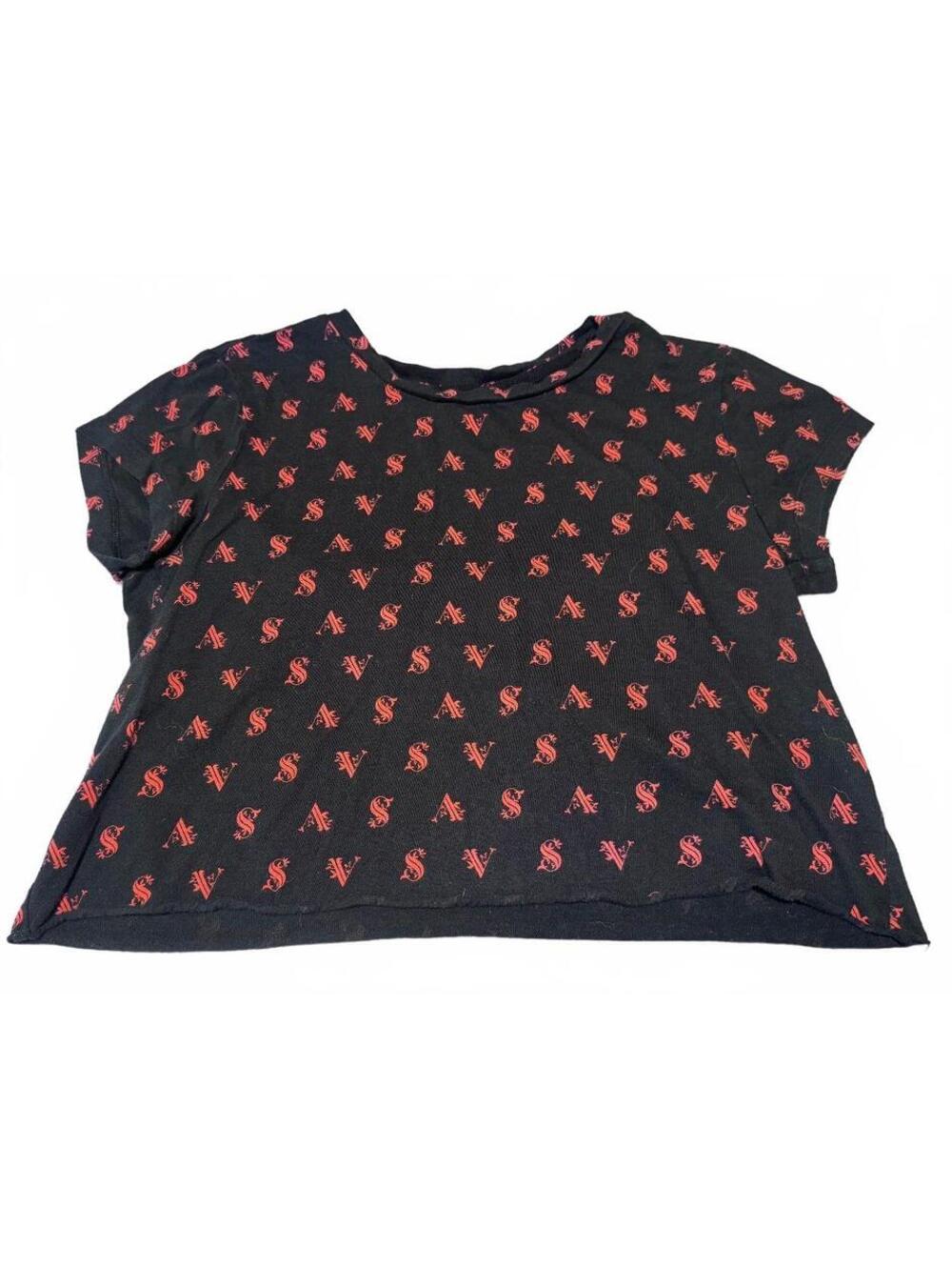 Victoria's Secret VS Signature Red Logo Crew Neck Black T-Shirt Cap Sleeve (XS)